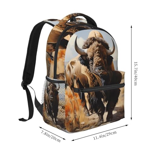 PHAYAH North American Bison Herd Pattern Backpack 15.7" Simple Bag For Everyone With 1 Main Compartment, Front Utility Pocket2