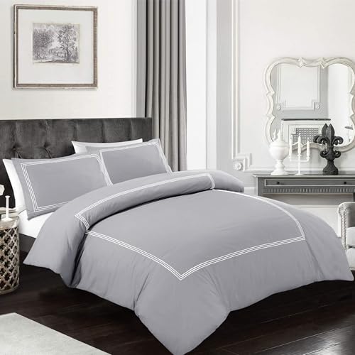 Duvet Cover Hotel Quality 200TC Bedding Set Duvet Sets Soft Breathable 100% Poly Cotton Quilt Cover with Pillowcases (Grey, King)