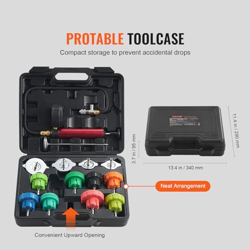 Image of VEVOR Automotive Cooling System Radiator Pressure Tester Kit, 14 pcs Radiator Pressure Tester Kit with Manual Pump and Color-Coded Steel Test Cap Adapters, for Cars Motorcycles Trucks Cooling System