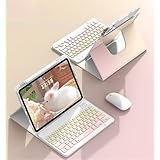 GOOVEN マウス付き iPad 10.2用の キーボードケース 第9/8/7世代 360度回転式 iPad7 8 9用の ケース マグネット式 分離式 透明カバー 取り外し可能 Bluetoothキーボード 縦置き，黄ピンク（四角いキー）