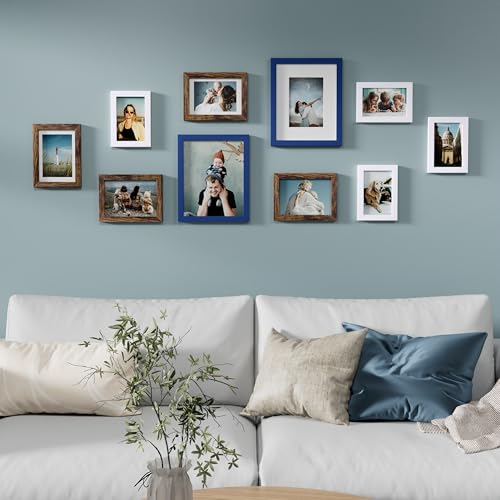 Image of Vittanly Picture Frames Set of 10, Picture Frames Collage Wall Decor with Two 8x10, Four 5x7 and Four 4x6 Photo Frames, Gallery Wall Frame Set for Wall or Tabletop Display, Blue, Brown and White
