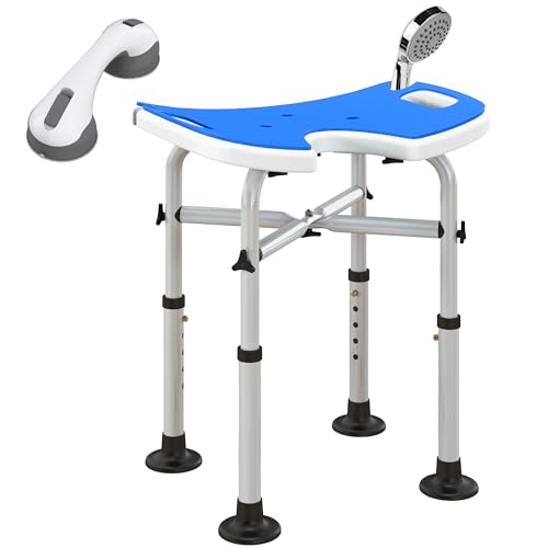 HOMCOM Sgabello da Doccia Regolabile in Altezza con Maniglione a Ventosa, Sedia da Doccia per Anziani e Disabili con Seduta Imbottita a U e Piedini Antiscivolo, Blu Scuro