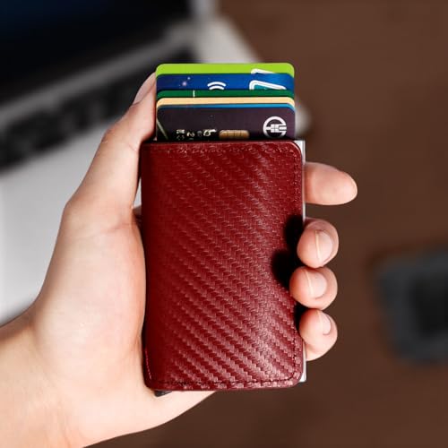Credit Card Holder for Men, Pop Up Wallet Card Holder for Business, Working, (3.8 x 2.4 Inches) Red3