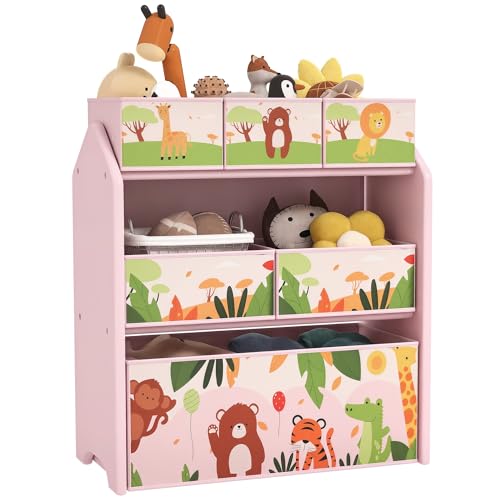 AIYAPLAY Kids Storage Unit, 3-Tier Toy Organiser Shelf with 6 Removable Storage Boxes, for Playroom, Bedroom, Children's Room, Nursery, Pink