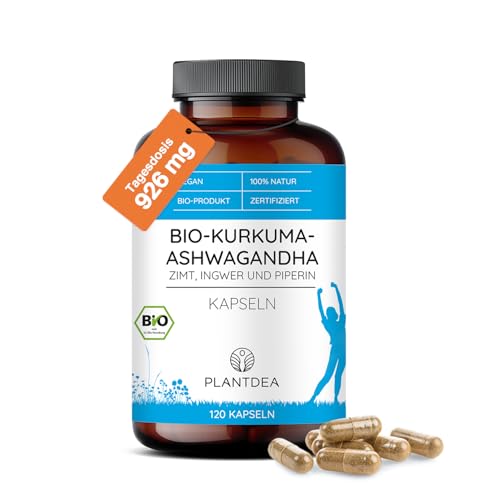 Cápsulas orgánicas de cúrcuma Ashwagandha con canela, jengibre y piperina I 3000 mg dosis diaria I 120 cápsulas orgánicas altas I Probado en laboratorio I Polvo vegano sin aditivos I PlantDEA