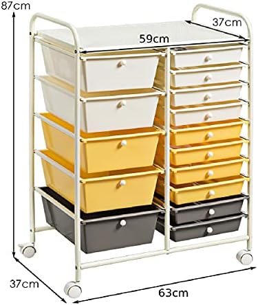COSTWAY 15 Drawers Storage Trolley, Home Office Stationary Rolling Cart with 4 Wheels, Multipurpose Mobile Organiser Shelving Unit for Makeup Beauty Salon (Yellow)