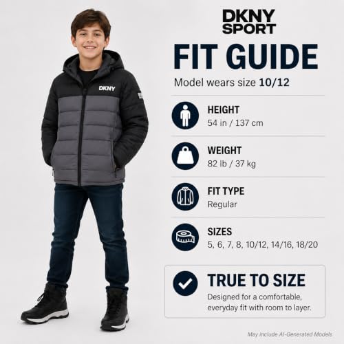 Image of DKNY Boys Winter Jacket, Midweight Puffer Coat, Weather Resistant, Hooded