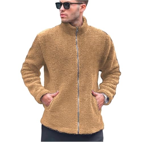Generisch Chaqueta de forro polar para hombre con cuello alto, cremallera completa, chaqueta ligera con forro suave con superficie texturizada para actividades al aire libre, caqui, L