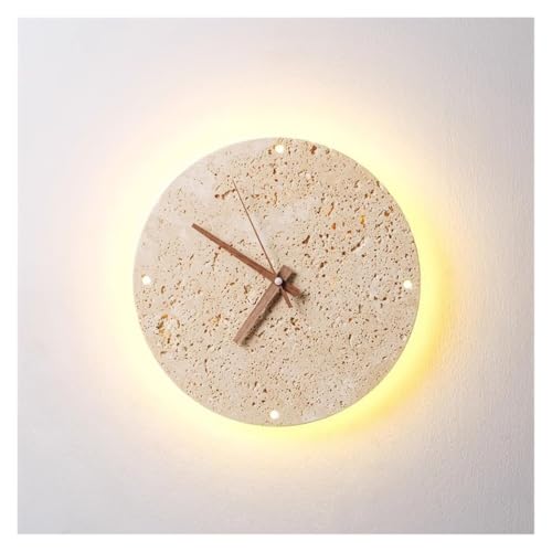 Reloj de pared travertino amarillo con luz de atmósfera neutra 4000k y diseño redondo