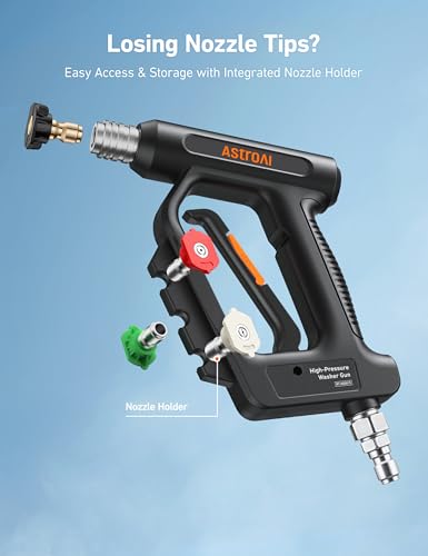 Image of AstroAI Short Pressure Washer Gun with Swivel, Power Washer Gun with 3 /8 inch Quick Connect Inlet & 1 /4 inch Outlet, 4060 PSI, with 4 Nozzles, Ergonomic Comfort Grips, Compatible with Foam Cannon for Car Wash