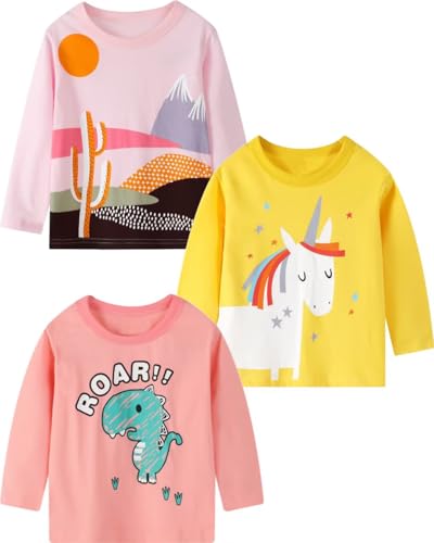 Image of Toddler Girl Long Sleeve T-Shirts Kids Cotton Fall Top 2-7 Years | 3 Pieces Soft Cotton Casual T-Shirt