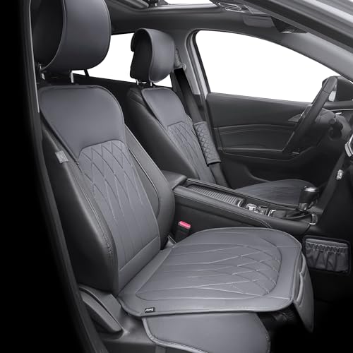 Elantrip Car Front Seat Covers with Shoulder Protector, Organizer Pockets, Embroidered Design, Leather Water Proof Seat Protector Universal fit for Most Cars SUVs and Trucks Gray 1 Pair