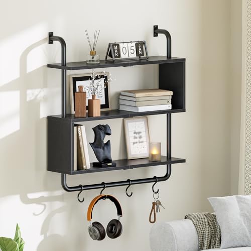 Image of HOOBRO Floating Shelves with LED Lights, 29.5 inch LED Wall Mounted Gaming Shelf, 3-Tier Pipe Display Rack with Hanging Rod and 4 S-Hooks, for Storage Livingroom, Bedroom, Kitchen, Black BB21DBJ01
