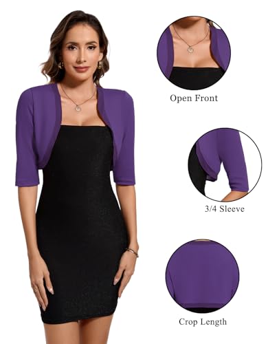 Image of MINTLIMIT Women's Bolero Shrug Top 3 /4 Sleeve Open Front Cropped Cardigan Boleros Jackets for Dresses