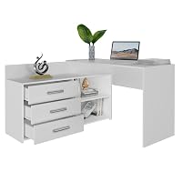 BDW Scrivania angolare in rovere Sonoma/bianco, 3 cassetti a destra e 4 ripiani, molto spazio per diffondere.Perfetto per camera dei ragazzi, uffici e studi