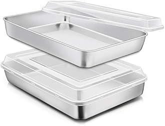 E-far Stainless Steel Baking Pan with Lid, 12⅓ x 9¾ x 2 Inch Rectangle Sheet Cake Pans with Covers Bakeware for Cakes Brownies Casseroles, Non-toxic & Healthy, Heavy Duty & Dishwasher Safe - Set of 2