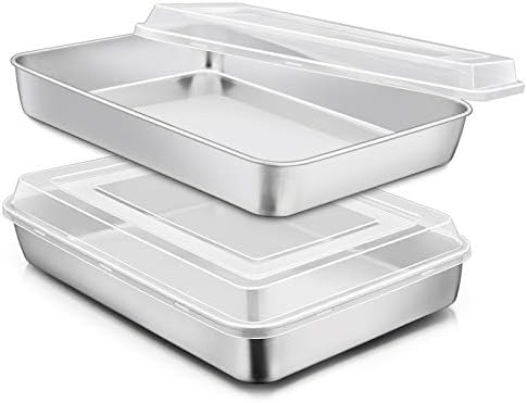 E-far Stainless Steel Baking Pan with Lid, 12⅓ x 9¾ x 2 Inch Rectangle Sheet Cake Pans with Covers Bakeware for Cakes Brownies Casseroles, Non-toxic & Healthy, Heavy Duty & Dishwasher Safe - Set of 2