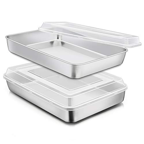 Comparison: Best Pyrex Stainless Steel Pans 2 E-far Stainless Steel Baking Pan with Lid, 12⅓ x 9¾ x 2 Inch Rectangle Sheet Cake Pans with Covers Bakeware for Cakes Brownies Casseroles, Non-toxic & Healthy, Heavy Duty & Dishwasher Safe - Set of 2