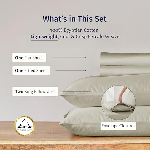 California Design Den Certified 100% Egyptian Cotton Sheets California King Size Set - Lightweight Percale California King Sheet Set with Deep Pockets, Cool, Crisp & Durable Luxury Bedding Set - Beige