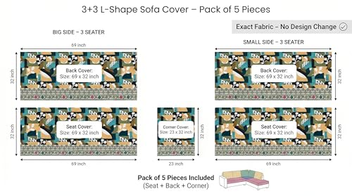 Image of Luxury Sofa Cover L Shape 6 Seater with Matching Cushion Cover 16x16 inch - Teal Abstract Floral 3+3 Seater (6 Seater) Quilted Sofa Cover Set Pack of 11, Washable, Teal Mustard Multi