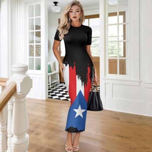 Image of Womens Short Sleeve Jamaican Flag Midi Bodycon Dress | Soft stretchy fabric,crew neck,jamaican print casual date night cocktail party, elegant chic, spring summer fall all season
