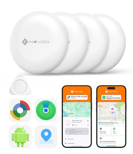 NOVOO Air Tag Tracker, Mini Bluetooth Smart Tracking Tag Compatible with Apple (iOS) & Google (Android) Find My, Loud 80dB Alarm, Replaceable Battery, GPS Tracker for Keys, Passport, Luggage (4-Pack)