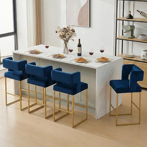 Image of Counter Height Bar Stools Set of 4, Blue Velvet Bar Chair Gold Leg | 26 inch Seat Height Fits Standard Kitchen Islands, Upholstered Barstools, Back Support, Square Metal Legs, Footrest