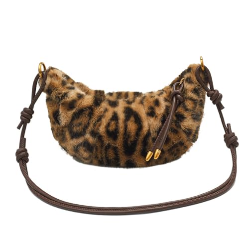 Leopard Fluffy Sling Dumpling Bag Cheetah Print Fuzzy Furry Shoulder Crossbody Crescent Bag Leopard Plush Horn Bag
