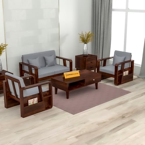 Image of Sheesham Wooden 4 Seater Sofa for Living Room | Solid Wood Sofa with Side Newspaper Holder | Rosewood Sofa Set for Home & Office | Lounge (Walnut Finish, 4 Seater)