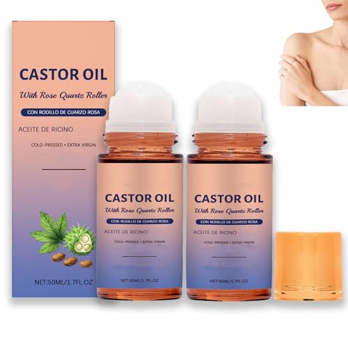 Aceite de ricino con rollo de cuarzo rosa, aceite de ricino, ingredientes naturales, hidratación profunda y suavizado, piel suave para el abdomen, la cara, el cuerpo (2 unidades)