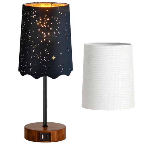 LuxeBeam Dual Shade Table Lamp with USB-C and USB-A Charging Ports, 3 Way Dimmable Touch Bedside Lamp, Black Atmosphere Shade & White Shade, Wooden Base, for Bedroom, Living Room, and Nightstand