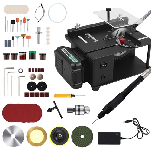 Mini Tischkreissäge mit Akku & Flexwelle - 23000 U/min Präzisions Tischsäge, Einstellbare Schnitthöhe 3-in-1 Multifunktionssäge für Holz/Kunststoff/Weiche Metalle, Inkl. Zubehör für Schleifen & Bohren