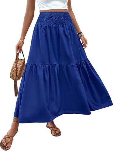 Women's Summer Floral Maxi A-Line Boho Skirt, Summer for Women 2025 Vacation Boho Floral Tiered (10,Royal Blue)