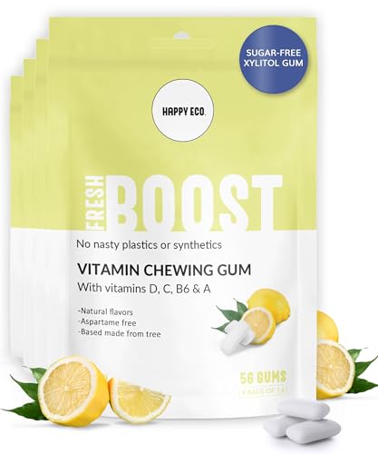 HAPPY ECO Xylitol Gum 4 Pack (56 Pieces) - Sugar Free, Plastic Free, Natural Chewing Gum and Vitamin Gum with Vitamins A,B6,C&D, Boost Gum, Non GMO, Aspartame Free, Vegan, Gluten Free, Keto (Lemon)