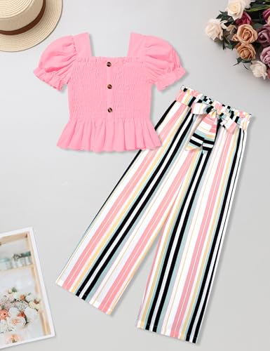 Image of Girls Clothes Solid Color Square Collar Stretch Top and Wide Leg Pants Clothes for Teen Girls 6-14Y
