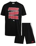 PUMA Boys' Active Shorts Set - 2 Piece Dry Fit T-Shirt and Performance Gym Shorts - Activewear Clothing Set for Boys (8-16), Size 14/16, Puma Black/Red