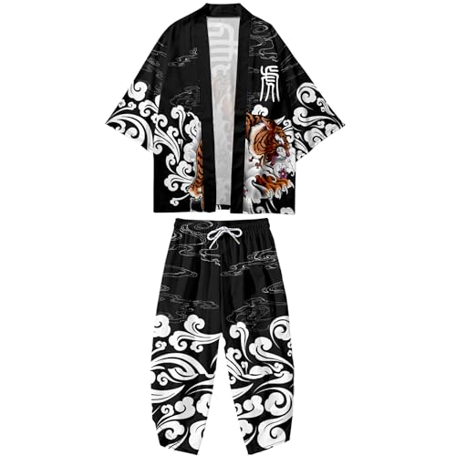 Image of DOSLAVIDA Men's Japanese Kimono Cardigan Suit Chinese Style Printed Jacket Pants Set Open Front Seven Sleeve Top & Shorts