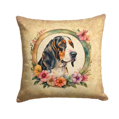 Caroline's Treasures DAC2086PW1414 Basset Hound and Flowers Fabric Decorative Pillow Machine Washable, Indoor Outdoor Decorative Pillow for Couch, Bed or Patio, 14Hx14W