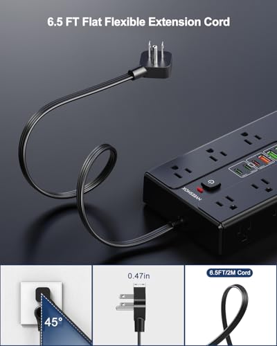 Image of Surge Protector Power Strip with 16 AC Outlets 6 USB Ports(3 Type C), Thin Flat Plug 6.5 FT Extension Cord with Multiple Outlets, Outlet Extender with Surge Protection for Home, Office, Dorm