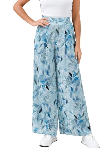 DERAX Women's Boho Floral Wide Leg Palazzo Pants Summer High Waist Flowy Beach Lounge Pants Lightweight Trousers Pockets