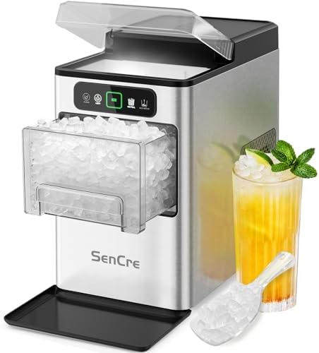 SenCre Nugget Ice Maker 40lbs/Day, Countertop Ice Maker Soft Chewable Ice, Ice Makers One-Click & Self-Cleaning, Crushed Pellet Ice Machine with Scoop&Basket for Home/Kitchen/Office, Stainless Silver