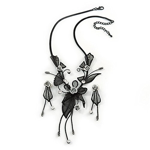 Juego de collar en Y y pendientes Avalaya de metal negro y gotas plateadas de 38 cm 3