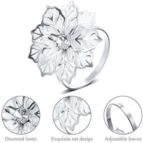 24 Pieces Alloy Napkin Rings with Hollow Out Flower Napkin Holder Adornment Exquisite Household Napkins Rings Set Floral Rhinestone Napkin Rings for Wedding Banquet Christmas Dinner Decor (Silver) - Image 3
