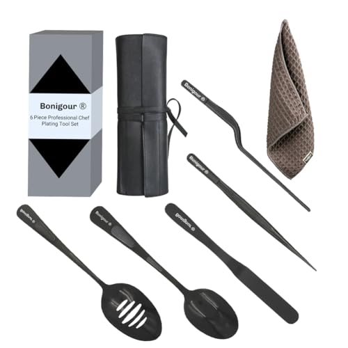 Bonigour Juego culinario de herramientas de chapado, kit de 6 herramientas profesionales de chapado de chef, utensilios de chapado, espátula, pinzas para cocina modernista, arte alimentario, negro,