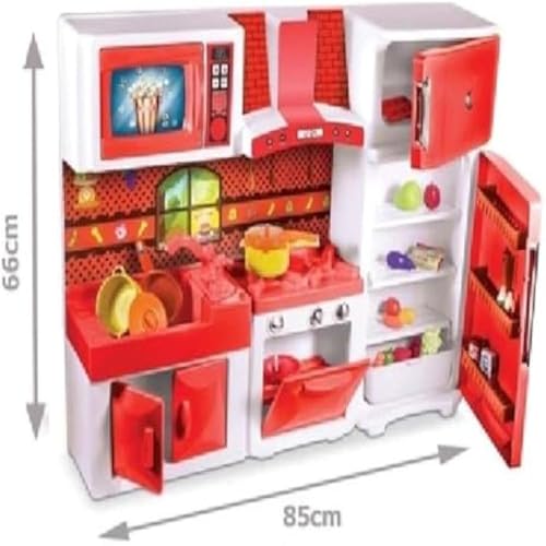 Cozinha infantil com armarios, fogao e coifa, vermelha e completa