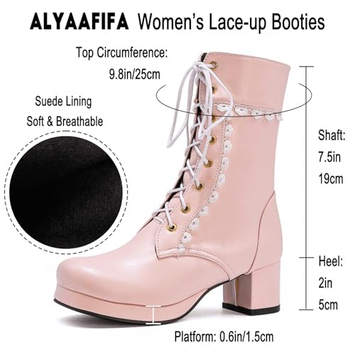 Alyaafifa Platform Ankle Combat Boots for Women Chunky Block Mid Heel Closed Round Toe Lace Up Booties Leather Short Boots Dressy Comfortable Party Holiday Travel Christmas4