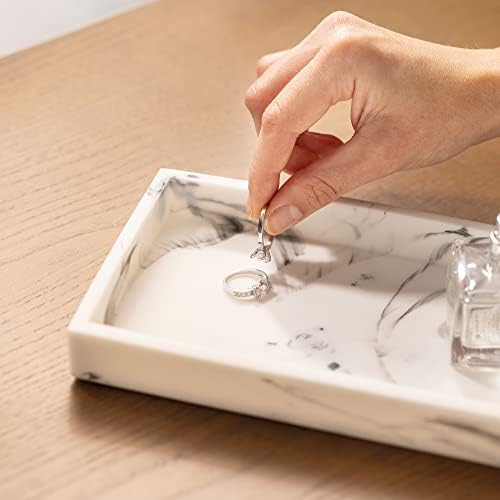 Navaris White Marble Resin Jewellery Tray - 23.5 cm x 12.5 cm Organiser Dish - Decorative Holder for Bathroom, Vanity, Dressing Table, Desk, Candle