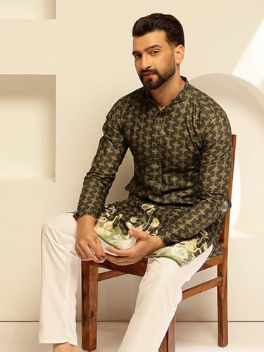 Image of SOJANYA (Since 1958 Men's Cotton Kurta Pyjama with Daman Print & Krochet Embroidery