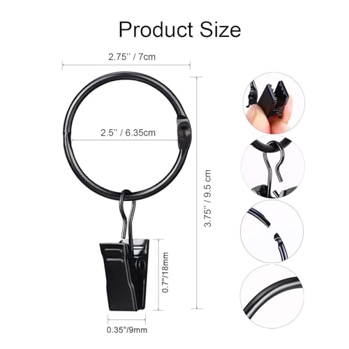 Locien 30 Pack Strong Iron Metal Curtain Rings With Clips, 2.5 Inch Inner Diameter, Openable Large Vintage Rustproof Drapery Hooks, Black thumb #1