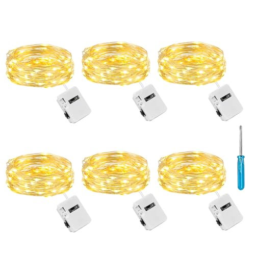 Litogo 3 Modes Small Fairy Lights Battery Operated, 6 Pack 2M 20 LED String Lights Battery Powered, IP65 Waterproof Mini Silver Wire Lights for Jars Christmas Bedroom Party Indoors Outdoor, Warm White